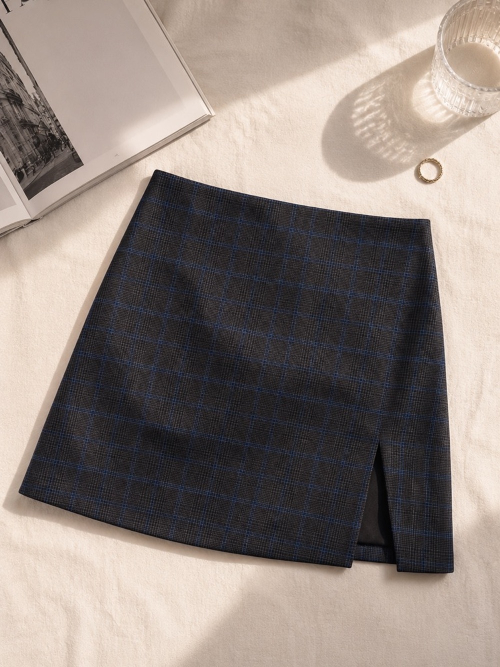 Classic Navy Plaid Mini Skirt with Side Slit